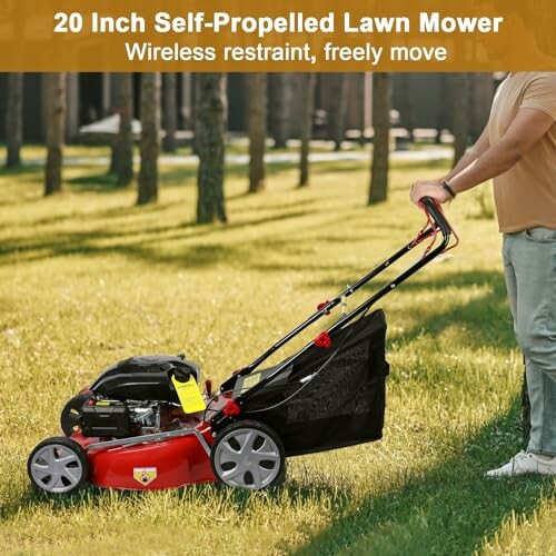 Person using a 20 inch self-propelled lawn mower on grass.