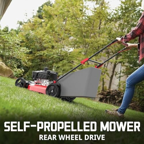 Person using a self-propelled lawn mower on grass.