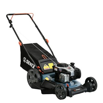 Senix gas-powered lawn mower with collection bag.