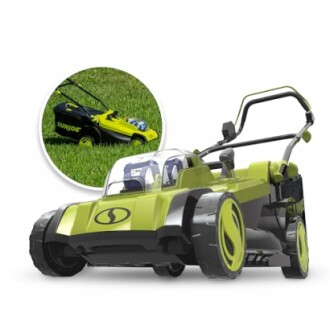 SunJoe lawn mower on grass with detailed inset view.