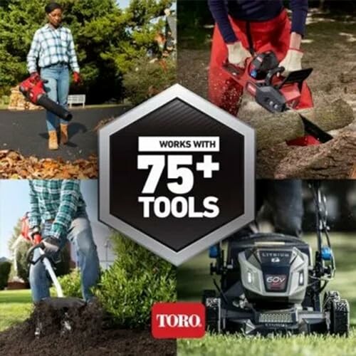 Various Toro yard tools in use with text 'Works with 75+ Tools'.